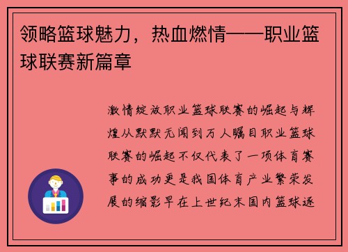 领略篮球魅力，热血燃情——职业篮球联赛新篇章