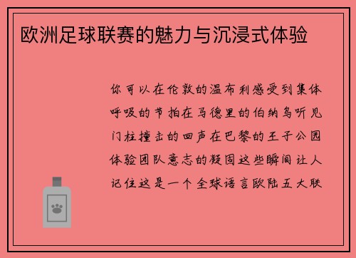 欧洲足球联赛的魅力与沉浸式体验